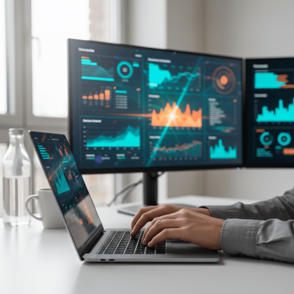 Person at computer screens showing data analysis and algorithm diagrams