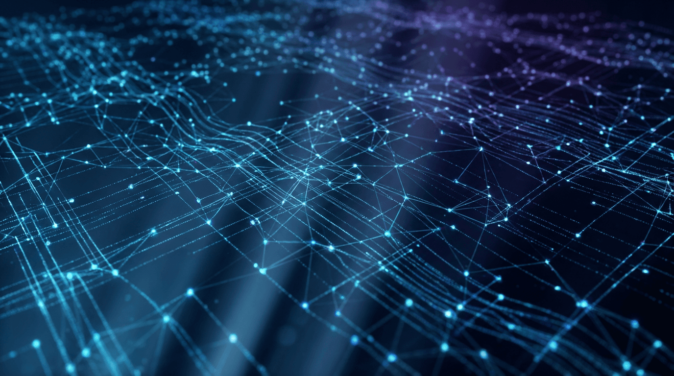 Glowing data nodes connected by luminous threads drifting through deep blue digital space representing global data networks.