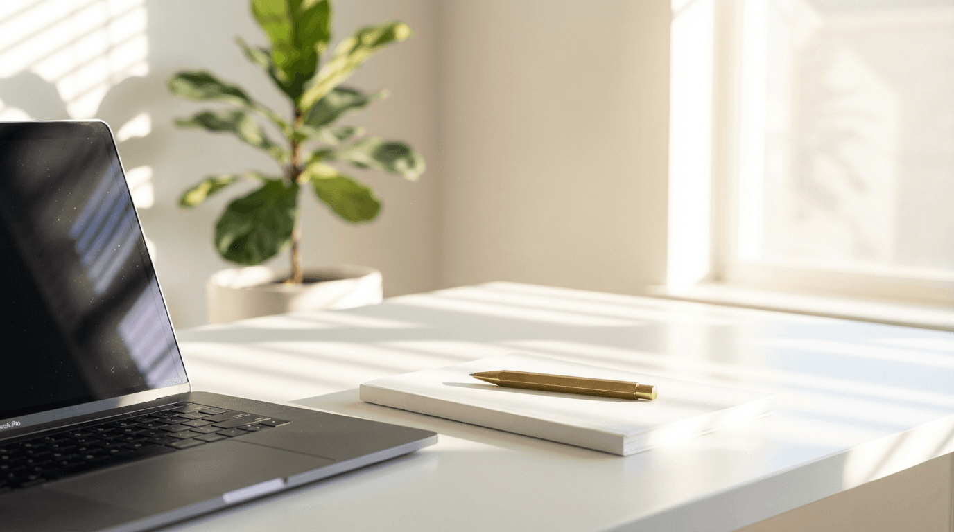Office desk with laptop and notebook
