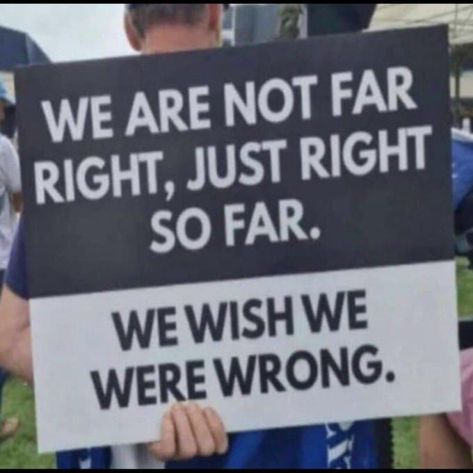 Sign: We are not far right, just right so far. We wish we were wrong.